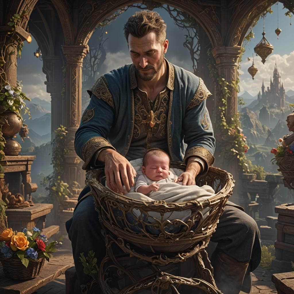 A young father looks down with joy in his heart seeing his newborn baby in a cradle.  by @harp369