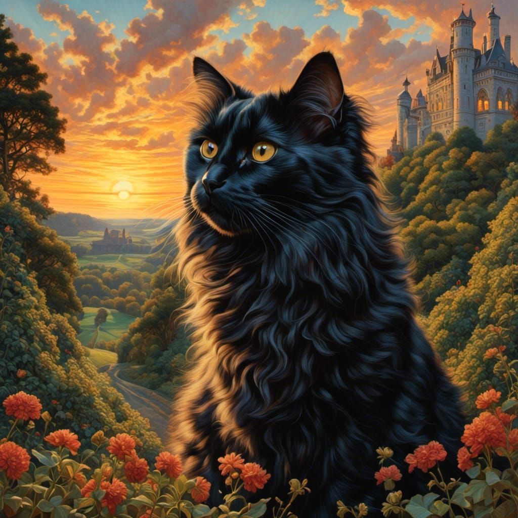 Hyper-detailed, hyper-realistic <lora:Varleyish:1.0> painting of a fluffy black cat sitting in the garden of an ornate castle as the sun ris...