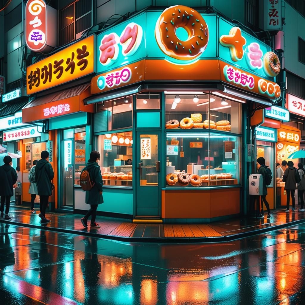 Cyberpunk Donut Shop in Rainy Tokyo
