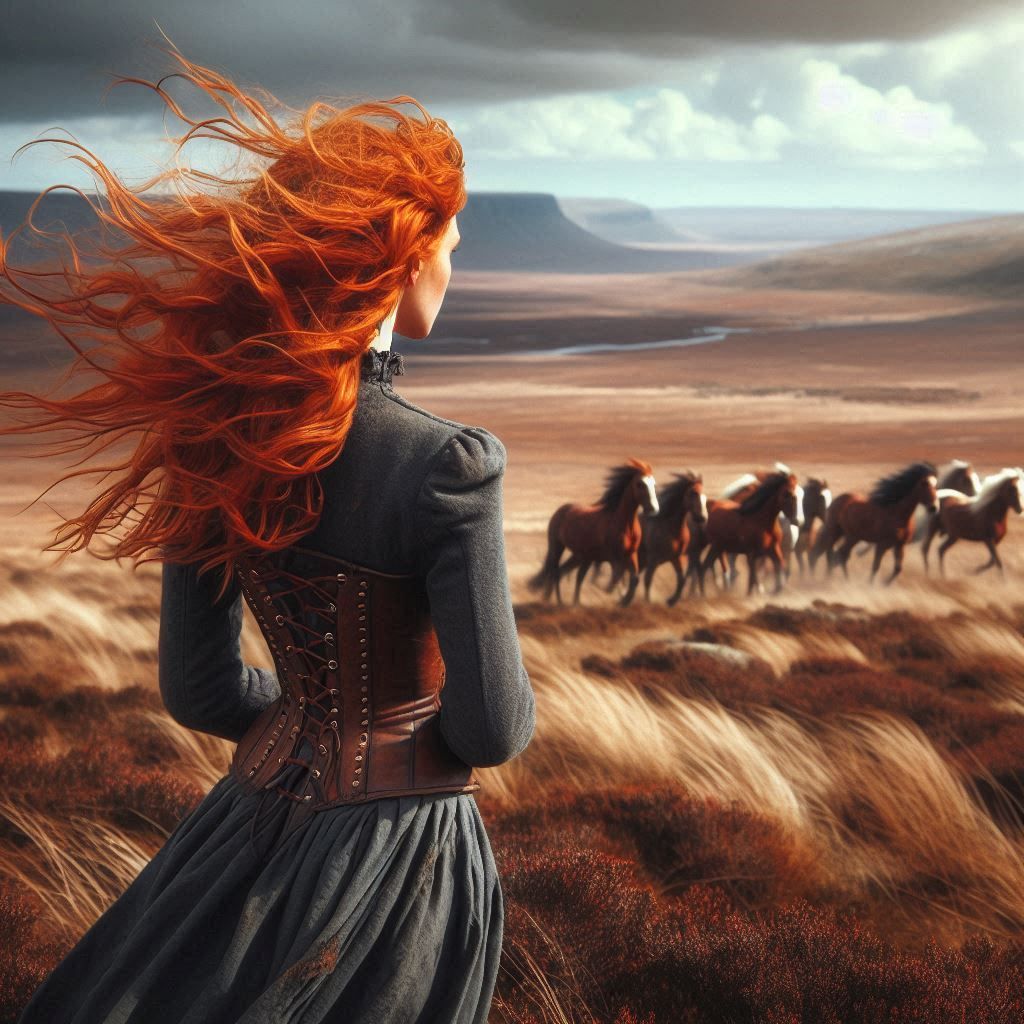 Wild ponies and girl with flame red hair