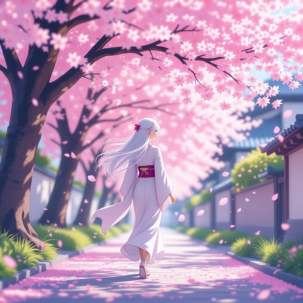 Ethereal Woman with White Hair Walks Under Cherry Blossoms