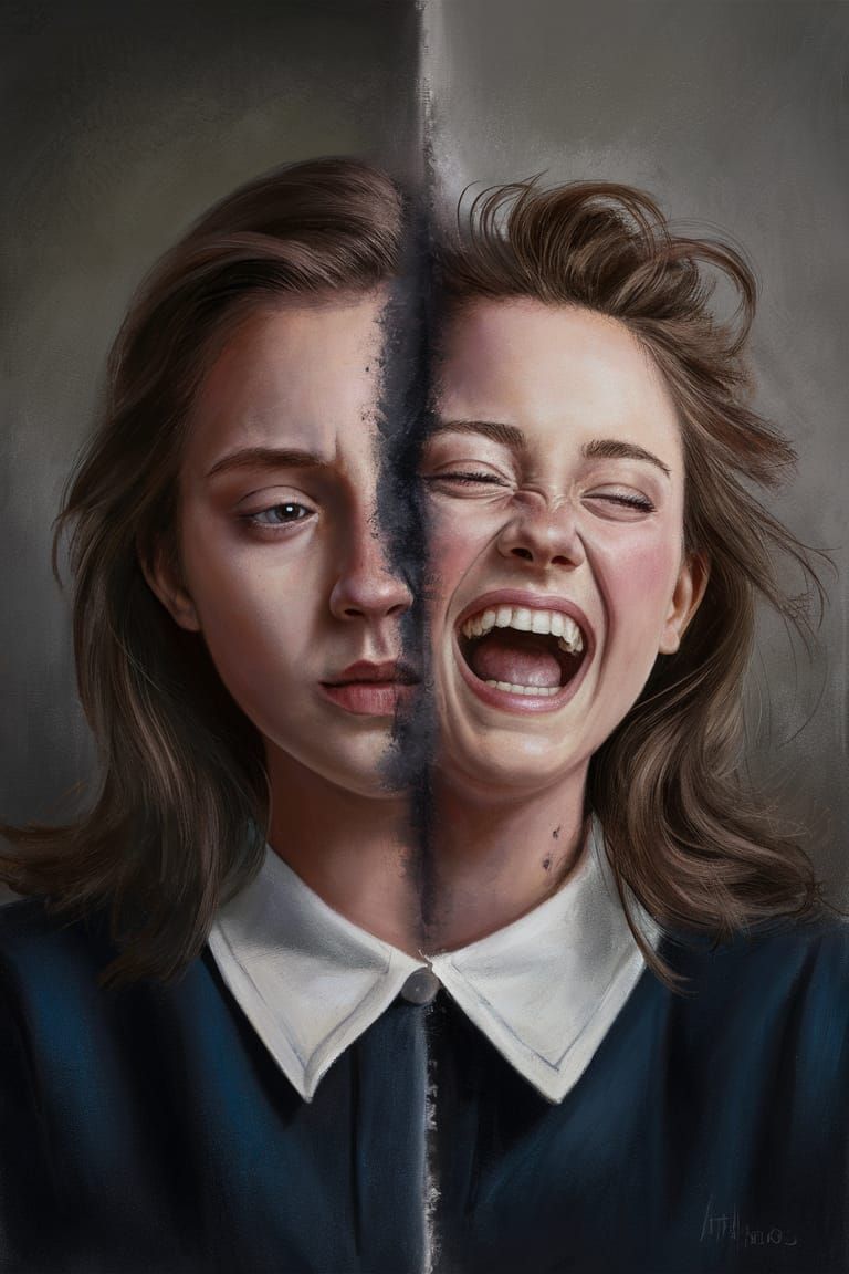 Acrylic painting of half depressed and half laughing young w...