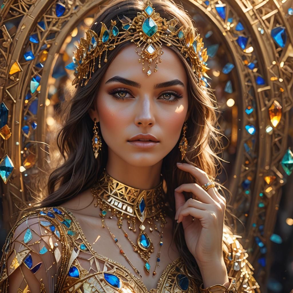 a close up of a woman wearing a gold dress, fantasy portrait...