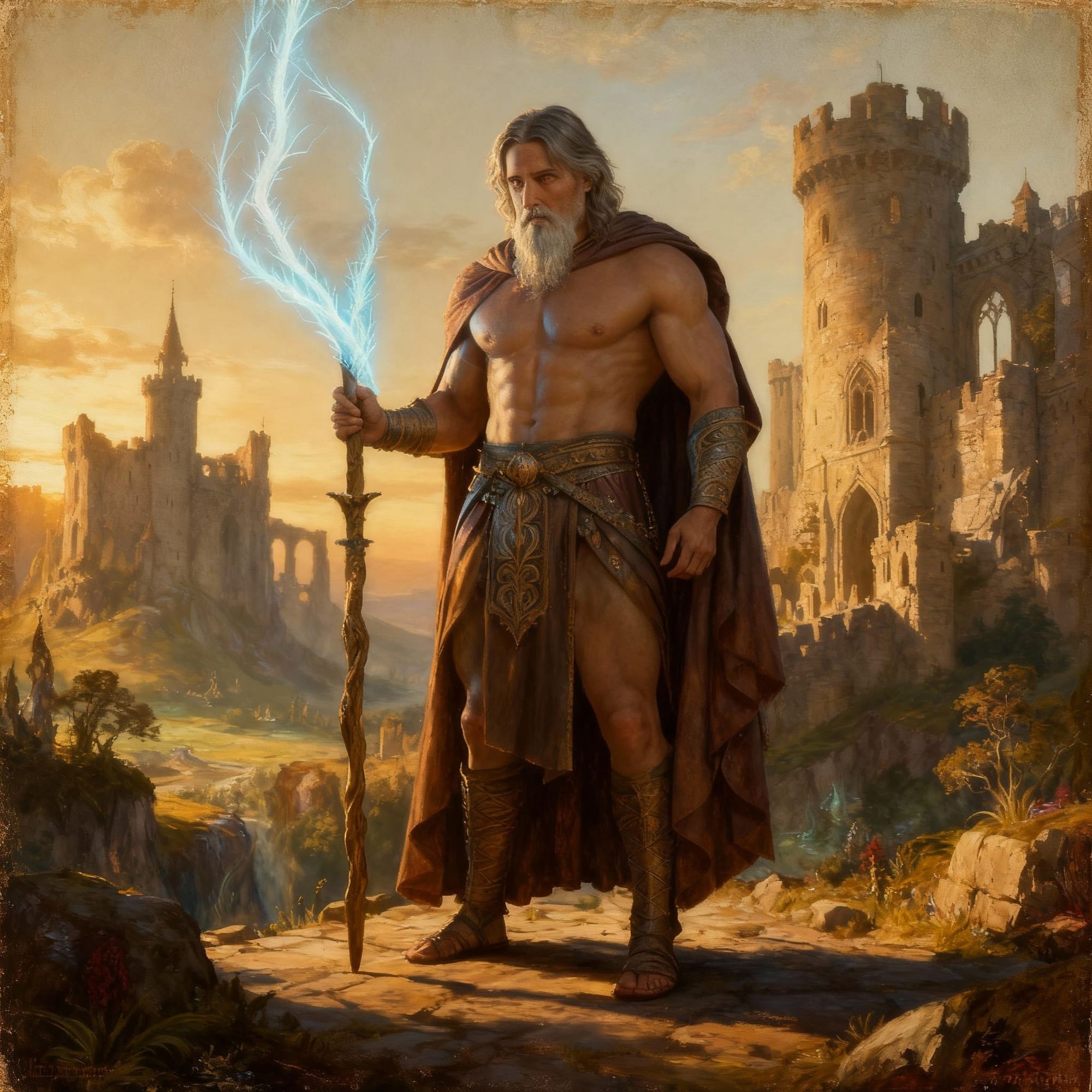 Merlin the wizard from the 5th century portrayed in a full body portrait, physically perfect and muscular tone tall athletic body frame, ado...