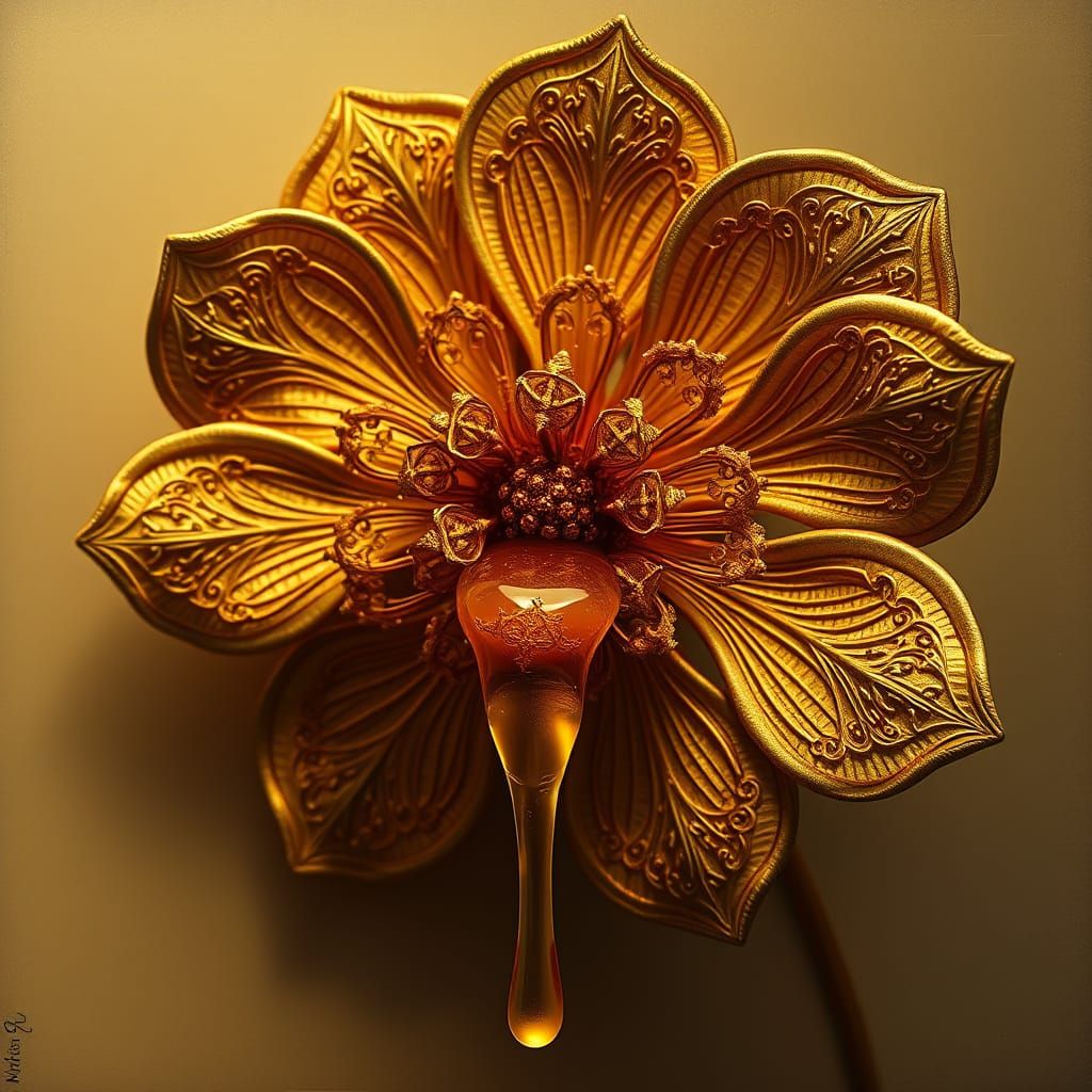 Gold honey dripping down from a golden flower  by @Feild_of_poppys