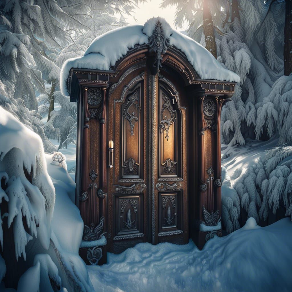 Beautiful victorian chiseled wardrobe passage way door opened on gorgeous Narnia winter world with shiny ...  by @ophelia22