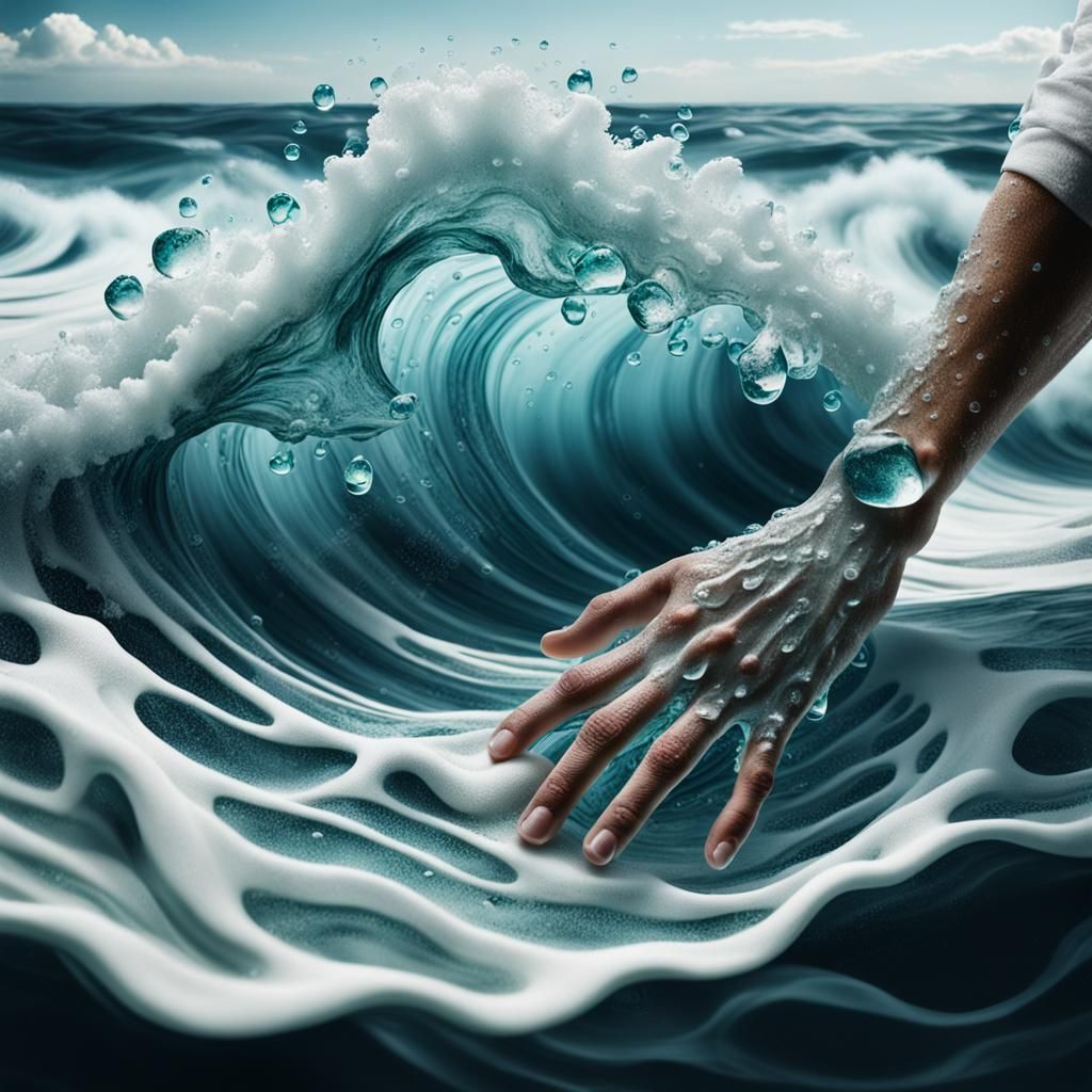 Hands made of clear water droplets and sea foam. Waves on The ocean ...