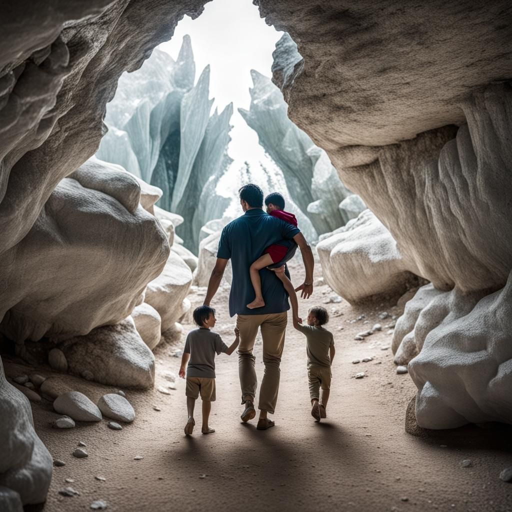 Man carries his son to a ancient crystal cave