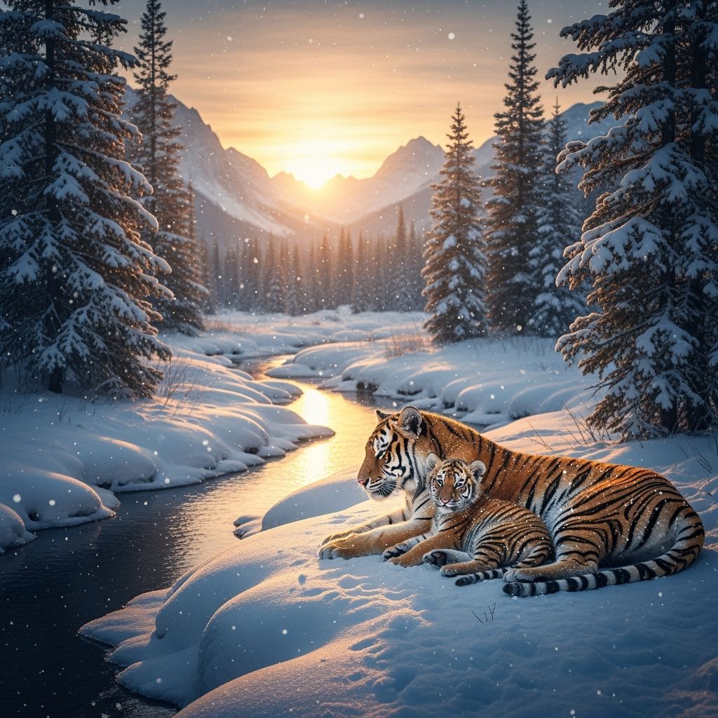 a tiger with her cubs on the bank of a small creek with snow on the ground and more falling. Pine trees line the creek with mountains in the...