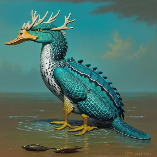 This animal is covered in drab turquoise feathers and has a ...