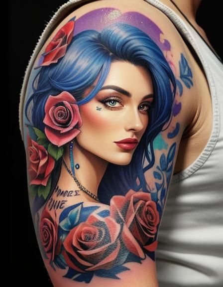 colorful man's arm tattoo, text: "WUMME NICER",
picture of a...