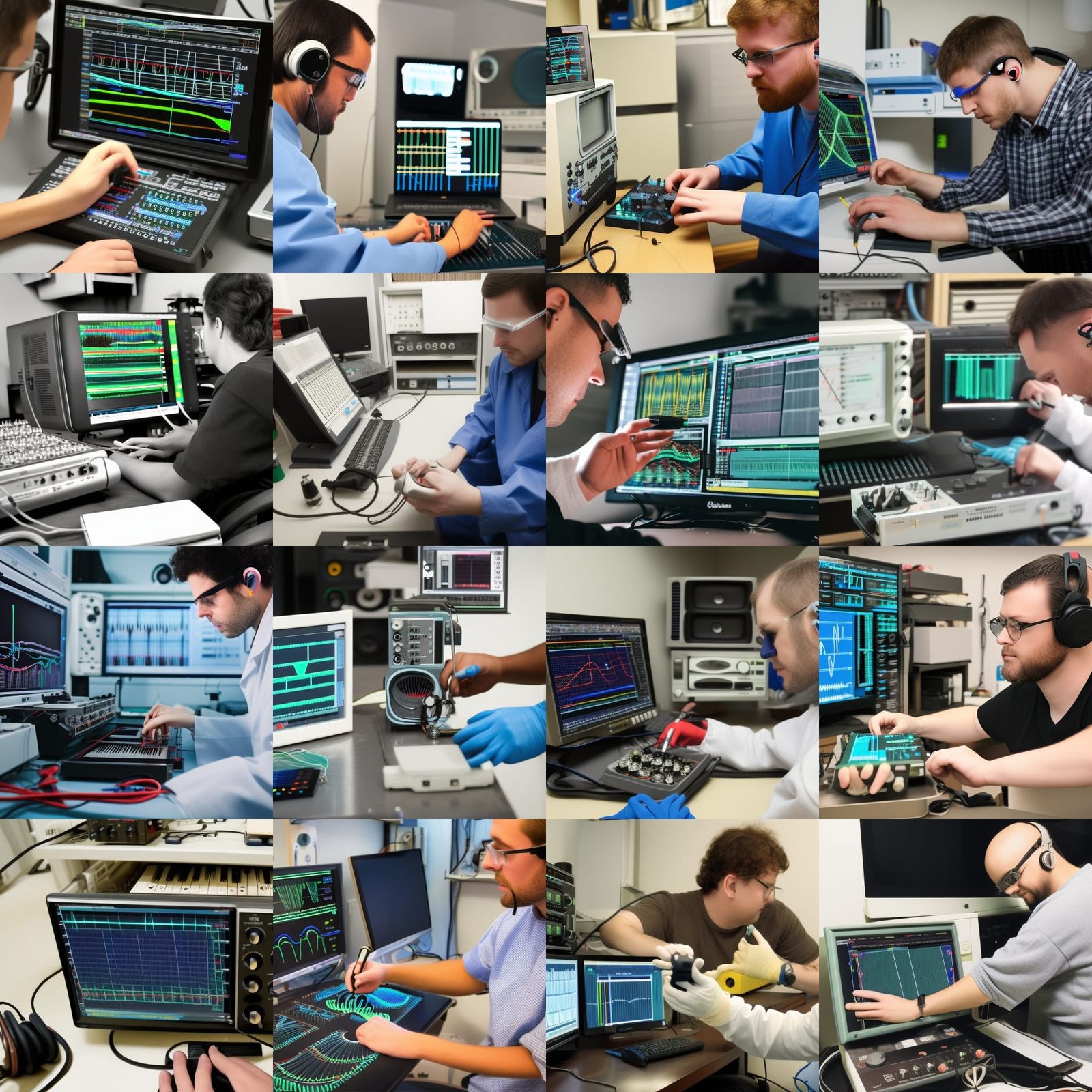 laboratoy technician tweaking oscilloscope in search of perfect music
