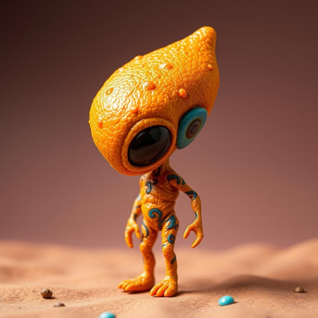 Alien creature with large plump head small body. Look like a Doritos