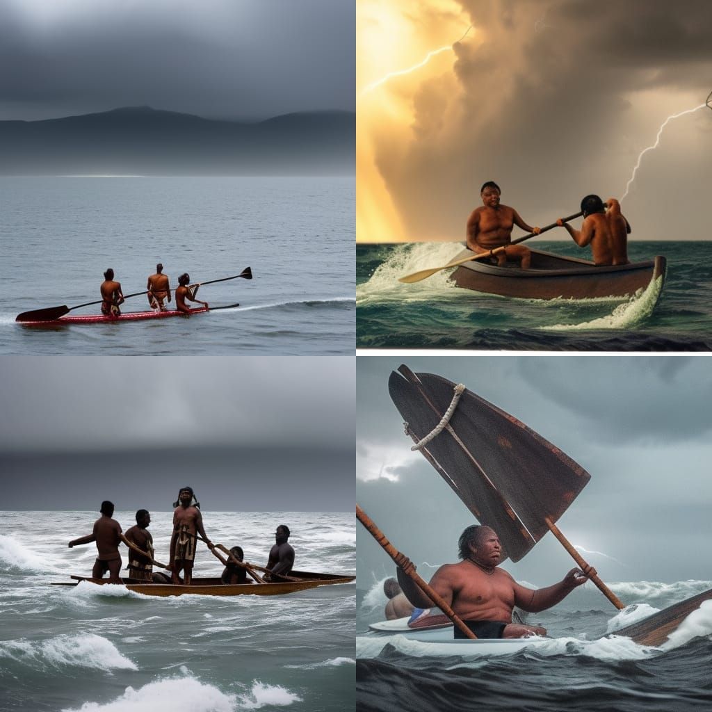 A tribal chief paddling an outrigger canoe through a storm on the ocean