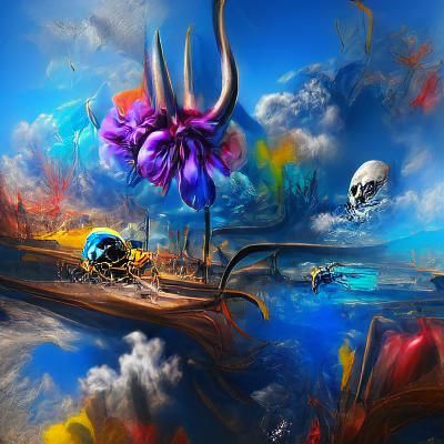 Electric Butterfly Skull Flower in Space Time Painting