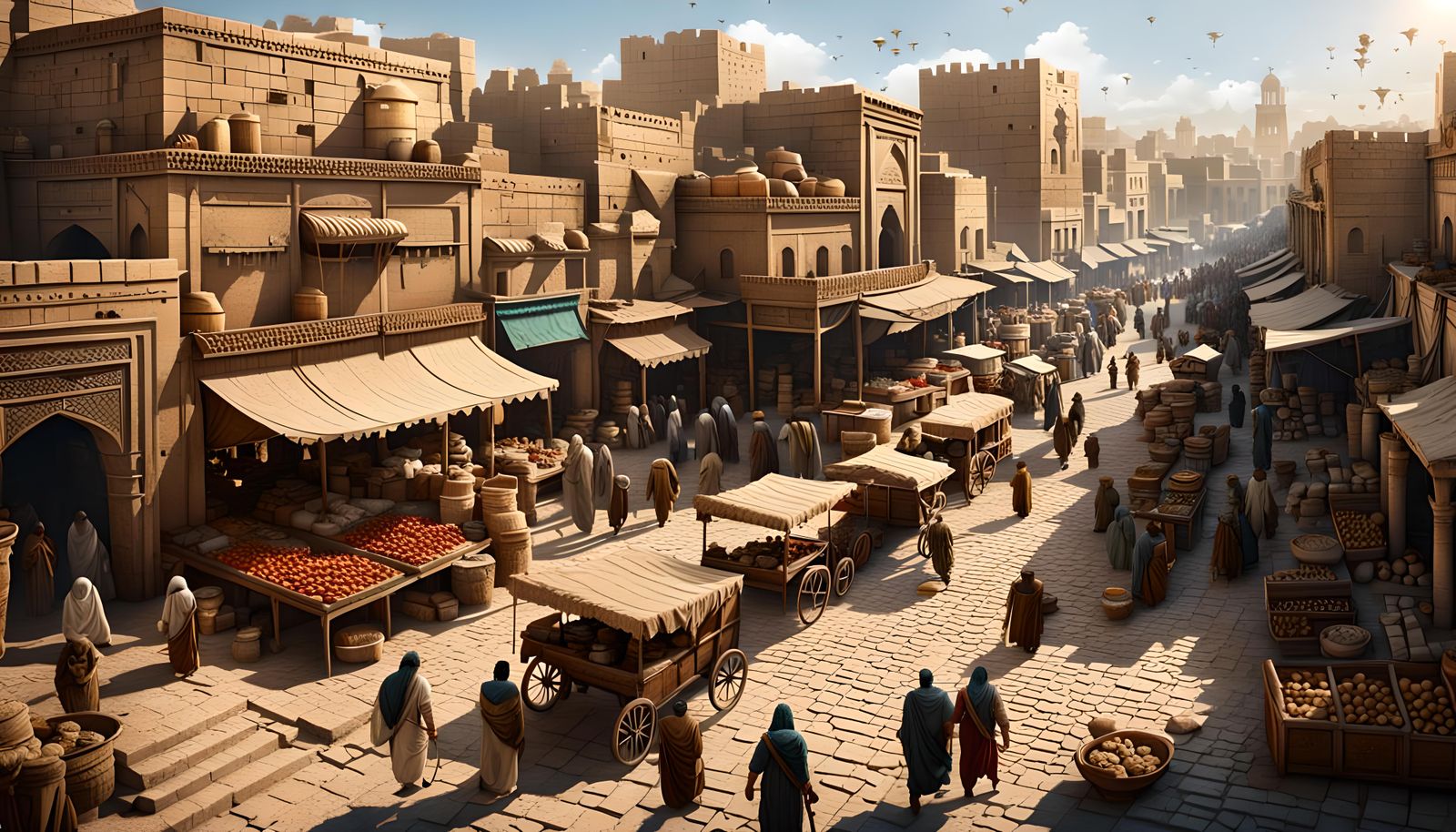 Day light, exterior view, crowded market place in ancient Mesopotamian city of Nineveh.