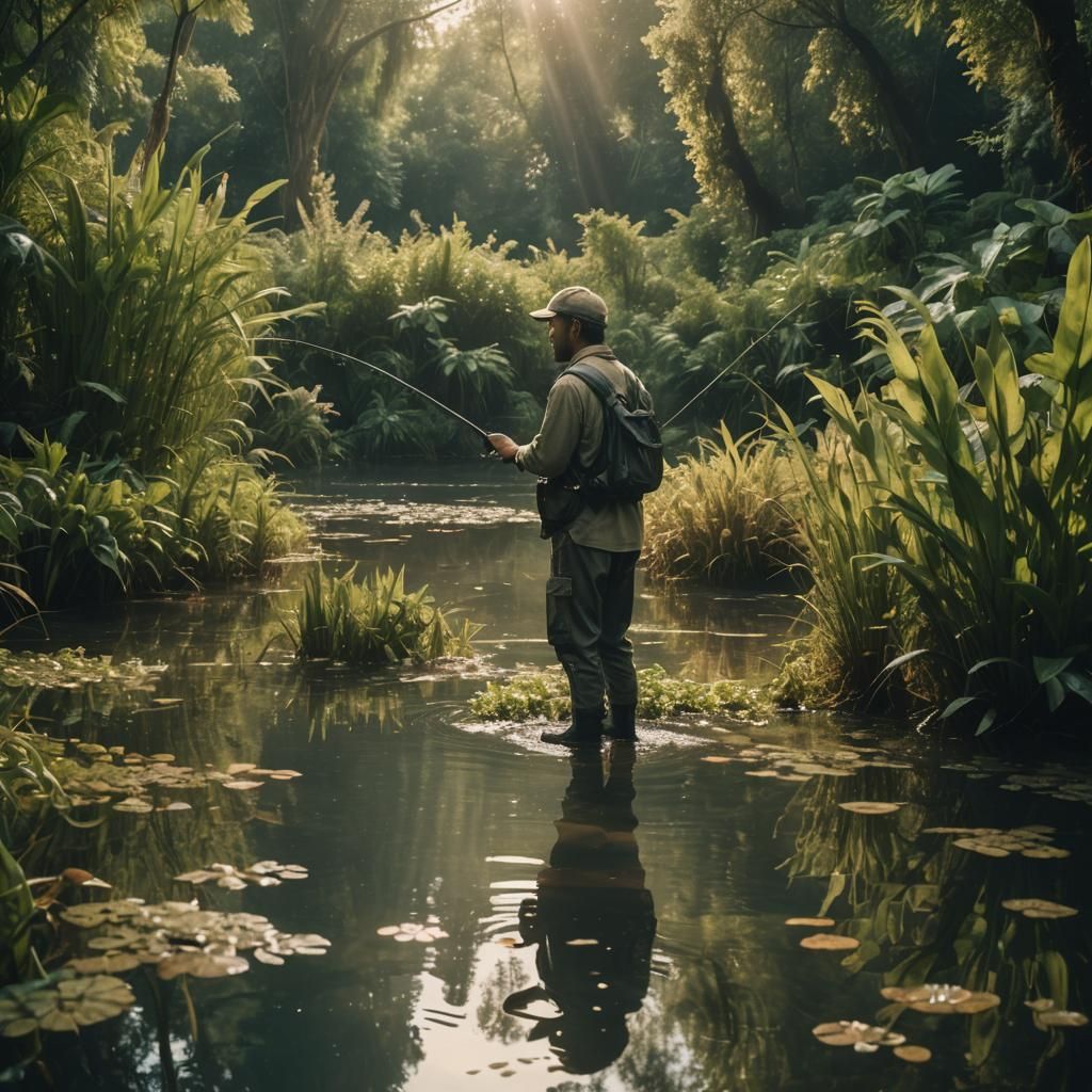 a man fishing plants all around a little bit murky waters fish swimming around ultra-realistic super cool looking Cinematic film still, shot...