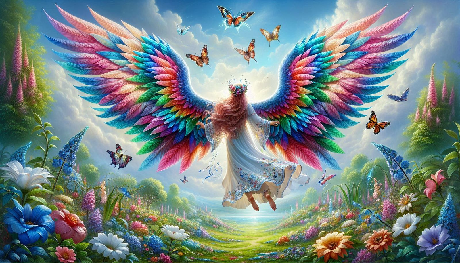 A female angel with colorful wings