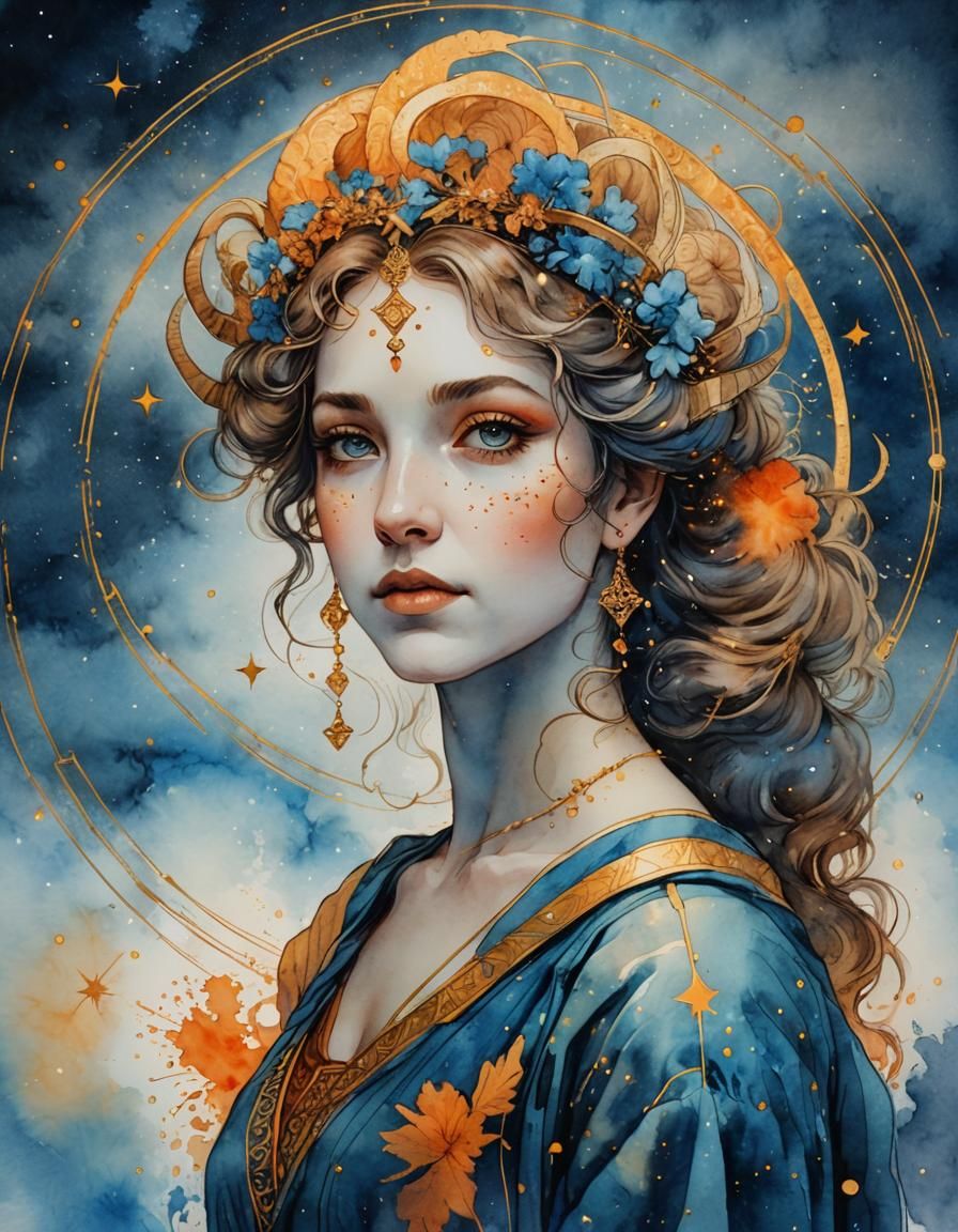 Aries Woman in Double Exposure Line Art