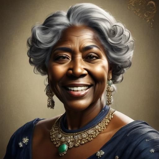 <lora:AJA2405:1.0> Portrait of a breathtakingly beautiful old black woman, her hair grey, she's full figured. She has a wide, beautiful smil...