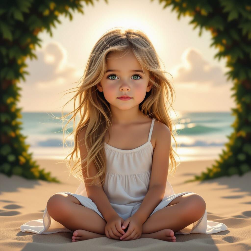 Serene Girl on Beach with Flowing Blonde Hair