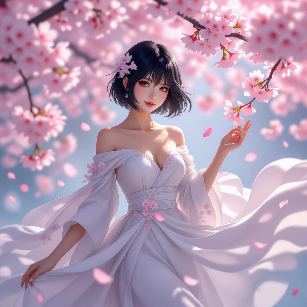 Ethereal Woman Among Cherry Blossoms in Dreamy Style