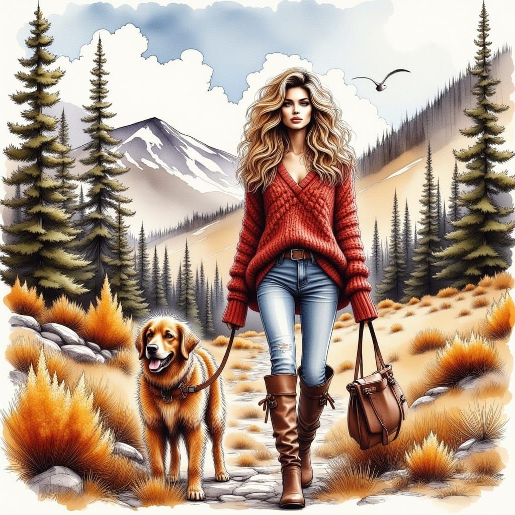<lora:BeautifulPaintingFx:1.0> Stunning woman, wavy and tousled blonde hair, wearing a red and brown wool sweater, jeans, boots, hiking in t...