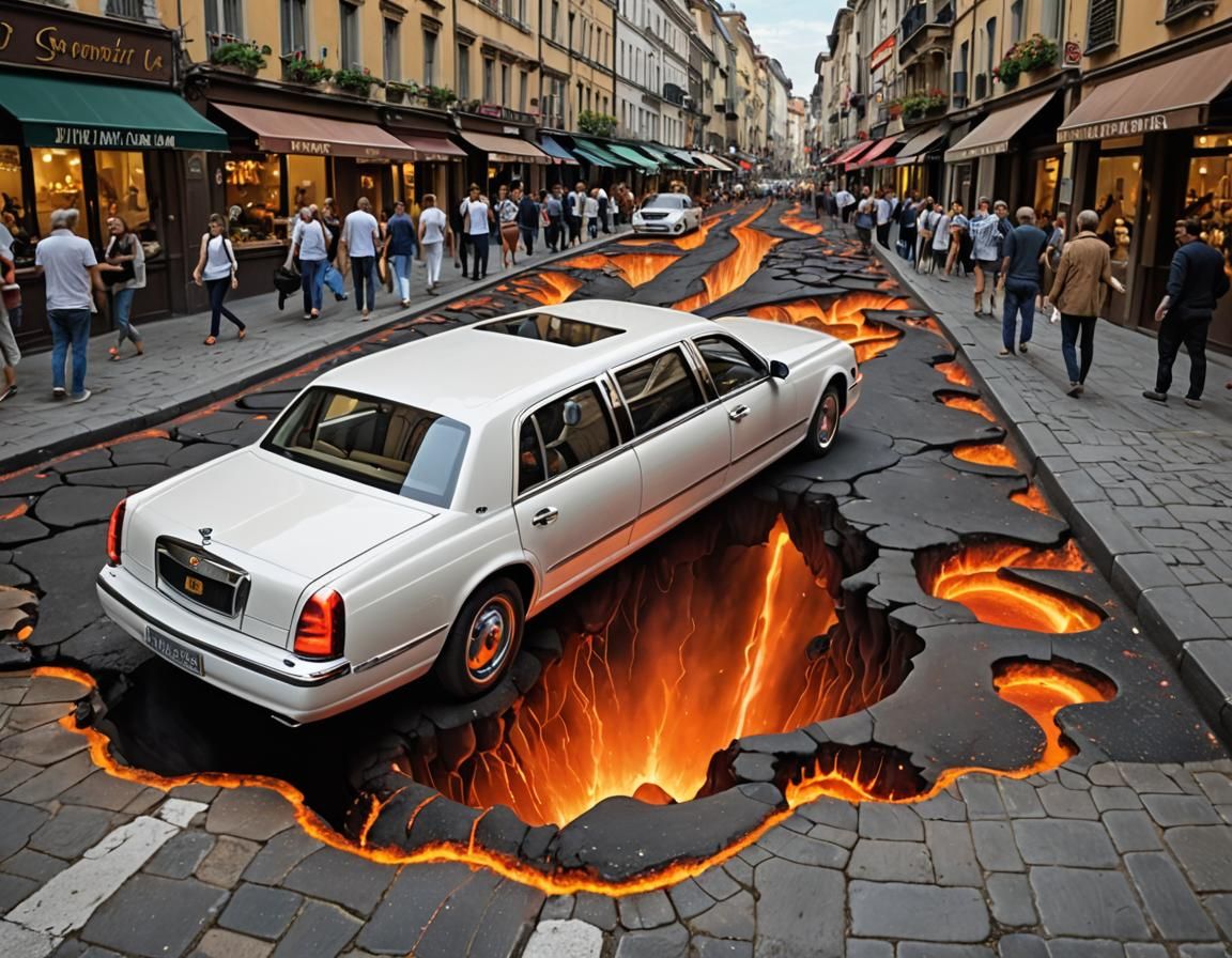 Chalk Art scene of a Limousine into a Volcanic Lava 🐮  by @Longhorn