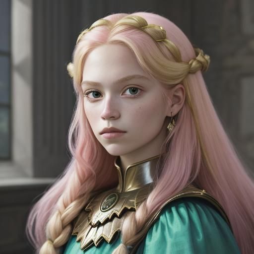 Portrait of Aurora as a pink warrior costume but blond hair
