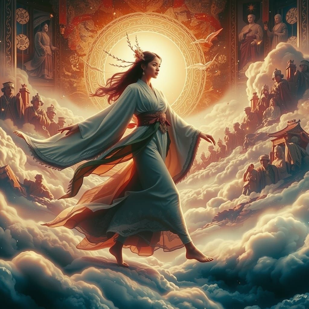 Majestic Figure Walking on Clouds in Pre-Raphaelite Style