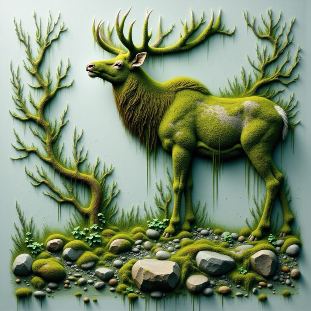 <lora:cryptogam:1.0> elk figure made from moss and mossy stones. drawing liquid oil paint on water surface. uneven rough strokes, mixed tech...