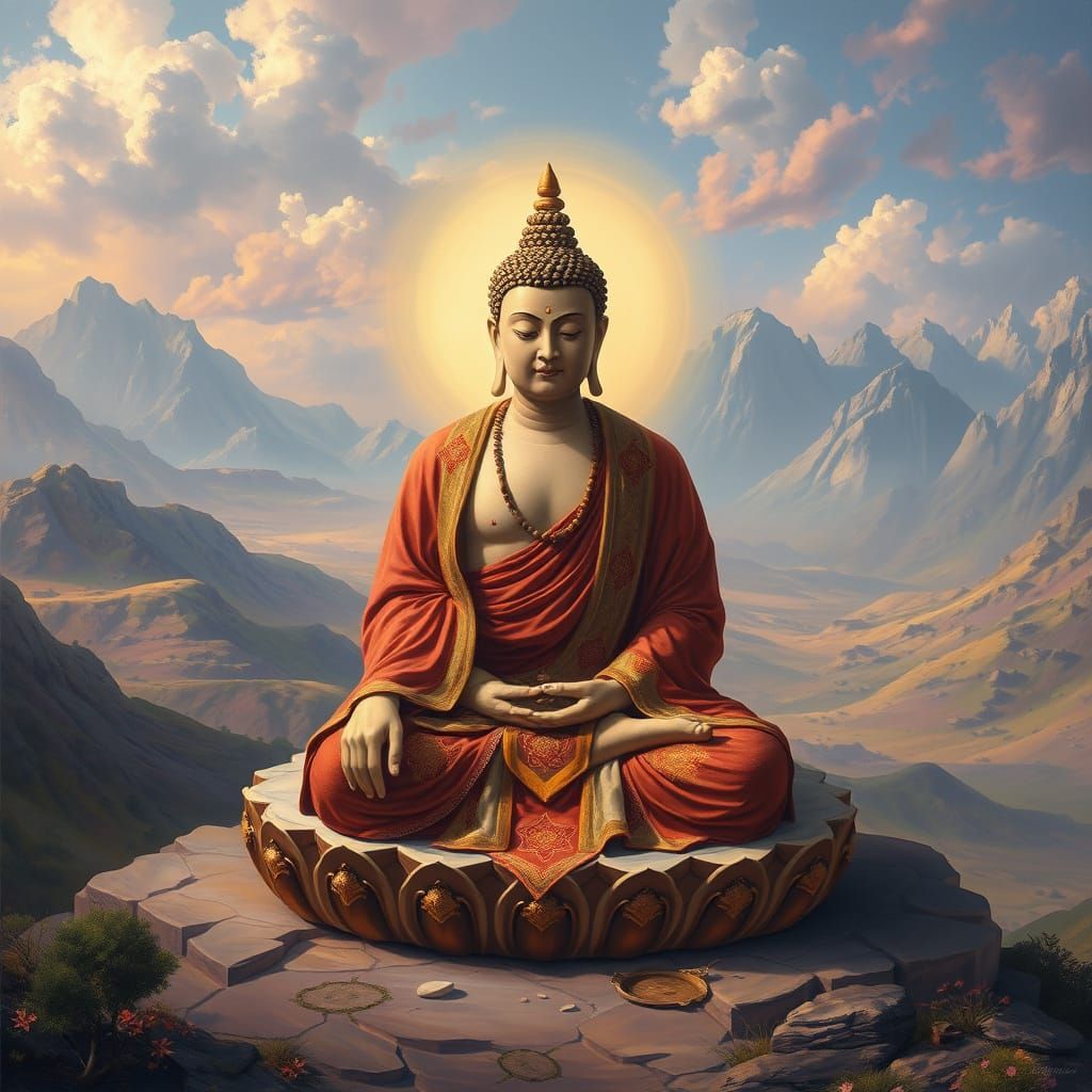 Buddha in Ethereal Landscape, Old Masters Oil Painting