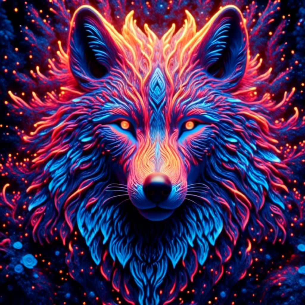 <lora:The Luminous Game:1.0>Envision a captivating close-up of a wolf, its fur adorned with bioluminescent luminous colors bleeding out lik...