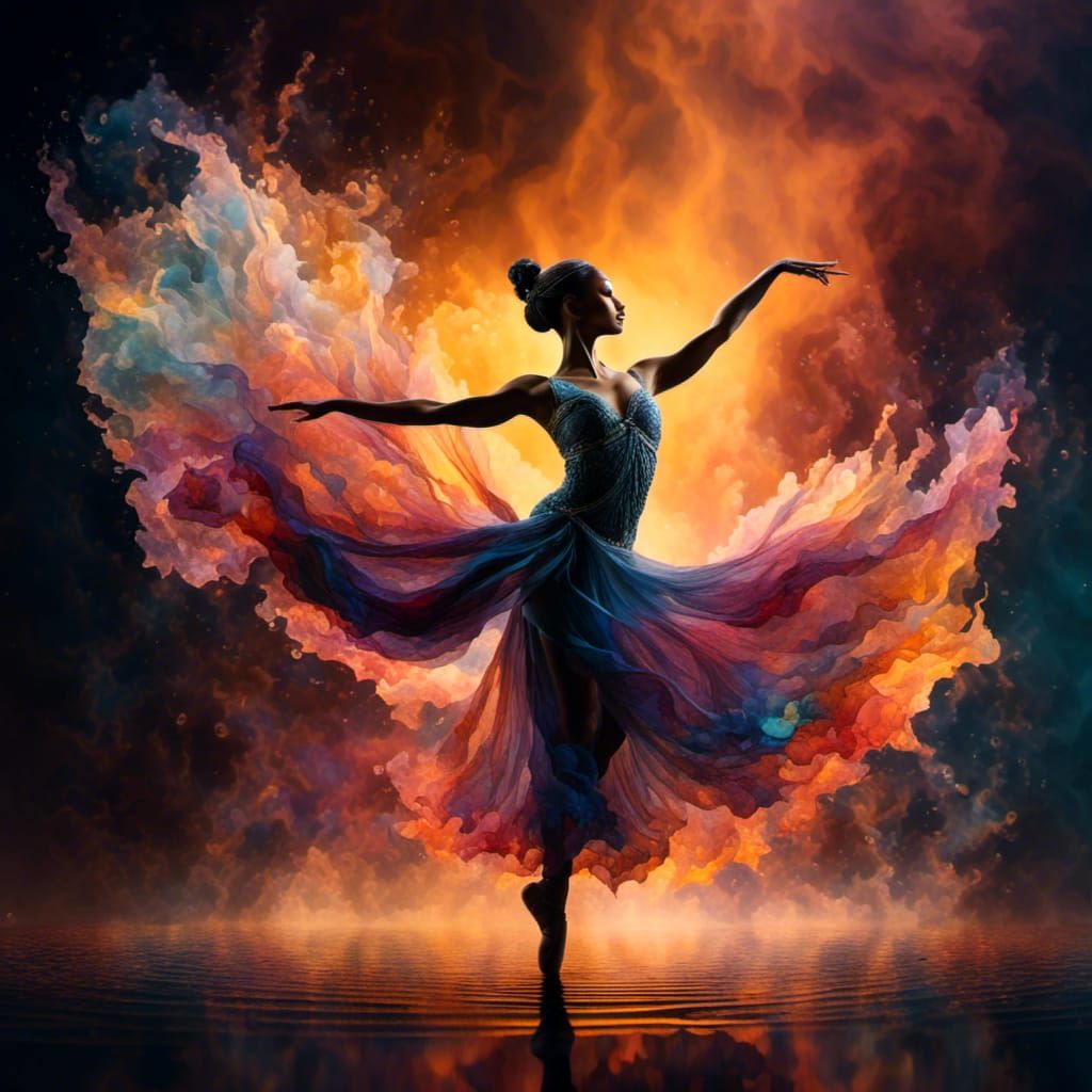 <lora:Colorful Magic:1.0> by Alberto Seveso, James Paick, Paul Barson, breathtaking ballet dancer silhouette backlit, transparent shiny wate...