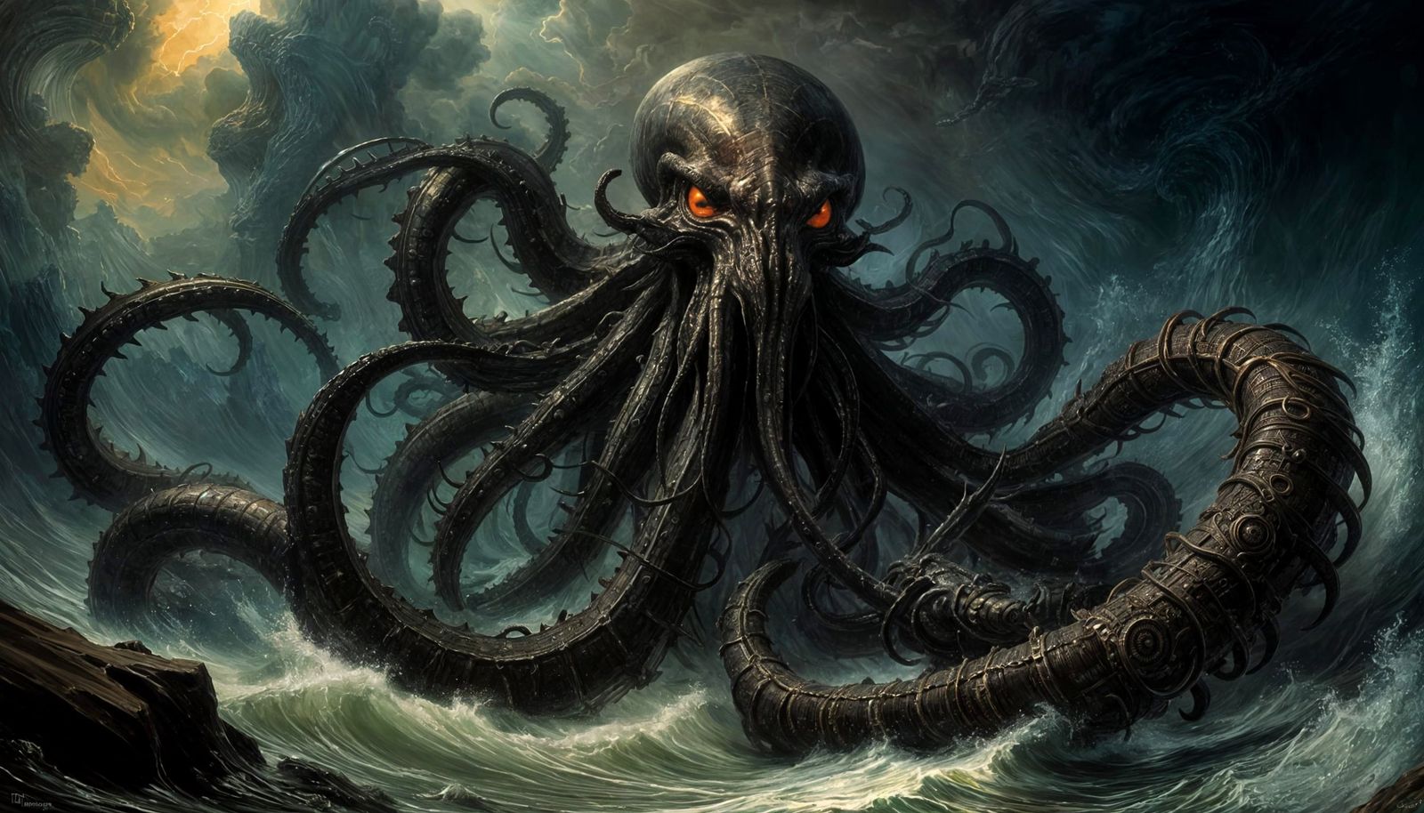 The Kraken's Rampage - Cosmic Obsidian Kraken in an Oil Pain...