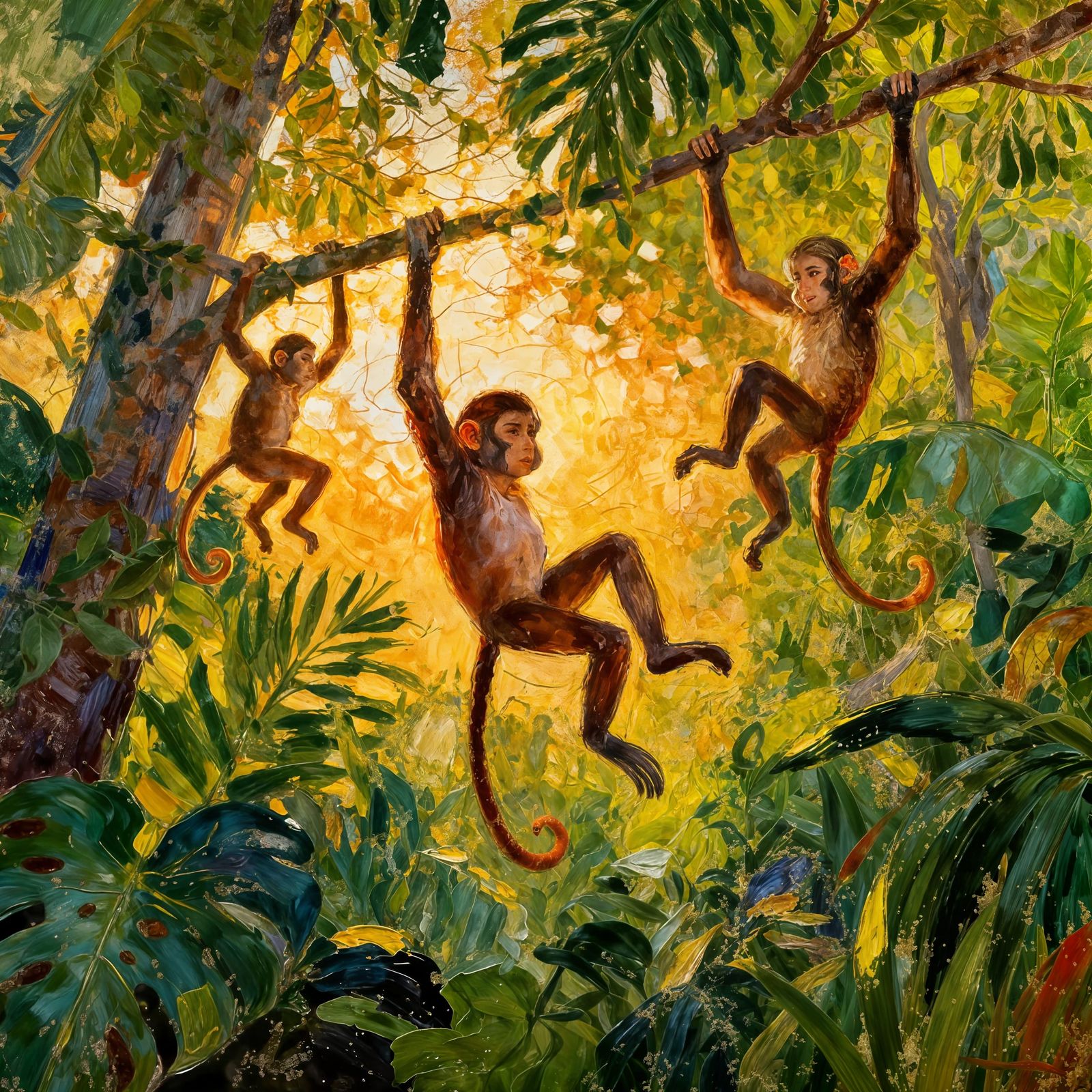 Monkeys Swinging in Vibrant Jungle Canopy
