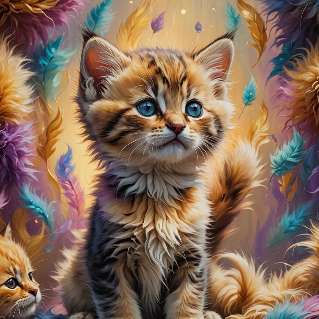 A hyperrealistic kitten with fluffy fur and tail and it is s...