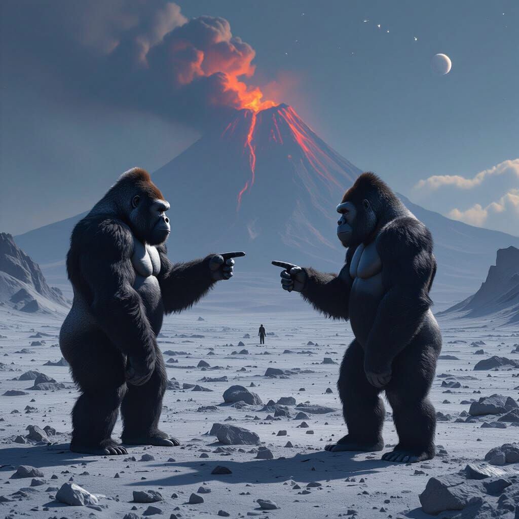 two apes are standing upright on the surface of another planet.  There are rocks and grey sand, a volcano in the distance.both of them are staring at something that we can not see. One of the apes is There is a branch with green leaves growing from nowhere behind them. One of the apes is pointing to