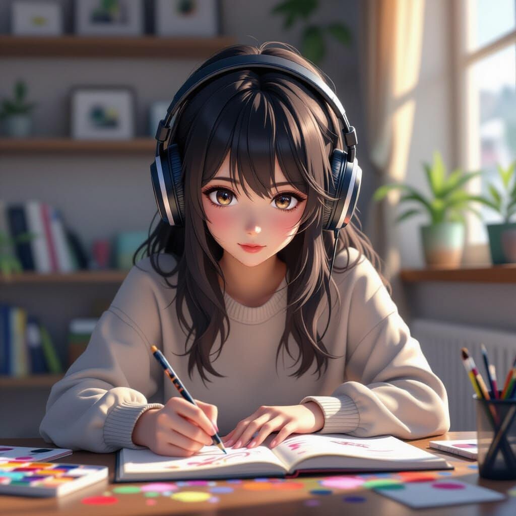 Anime Girl Drawing with Headphones and Paints