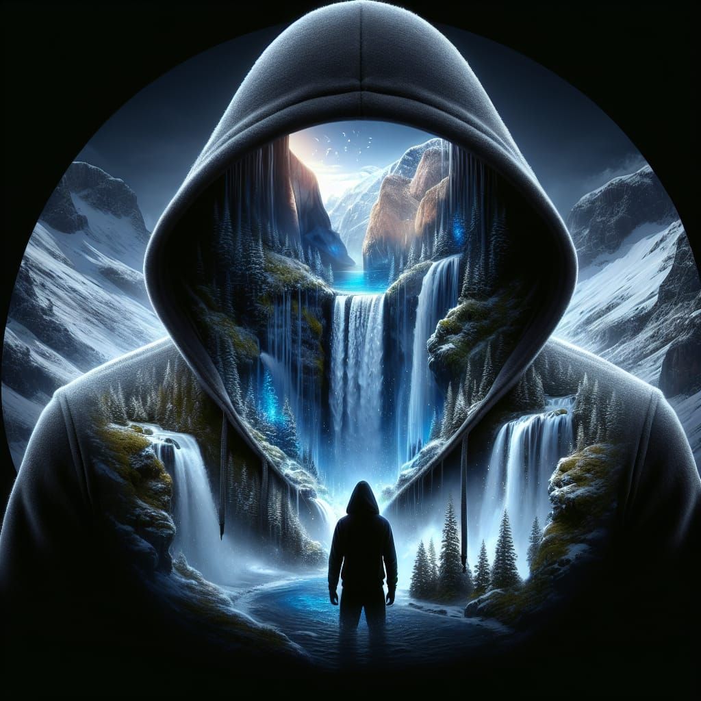 Waterfall Silhouette in Snowy Night: Fantasy Concept Art