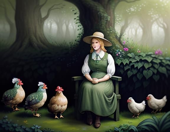 a female hobbit surrounded by hens and plants. water-color, ...