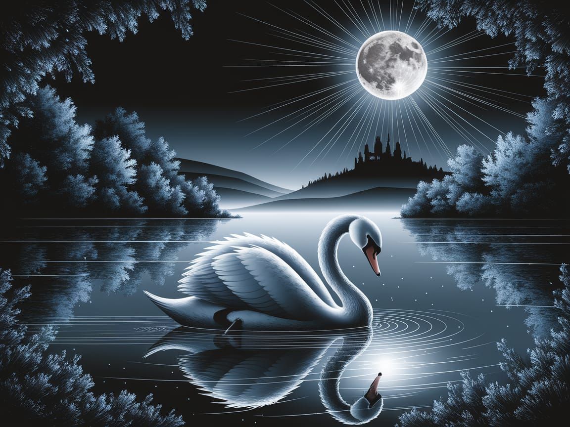 The moonlight reflections fall on a swan  by @Ivik