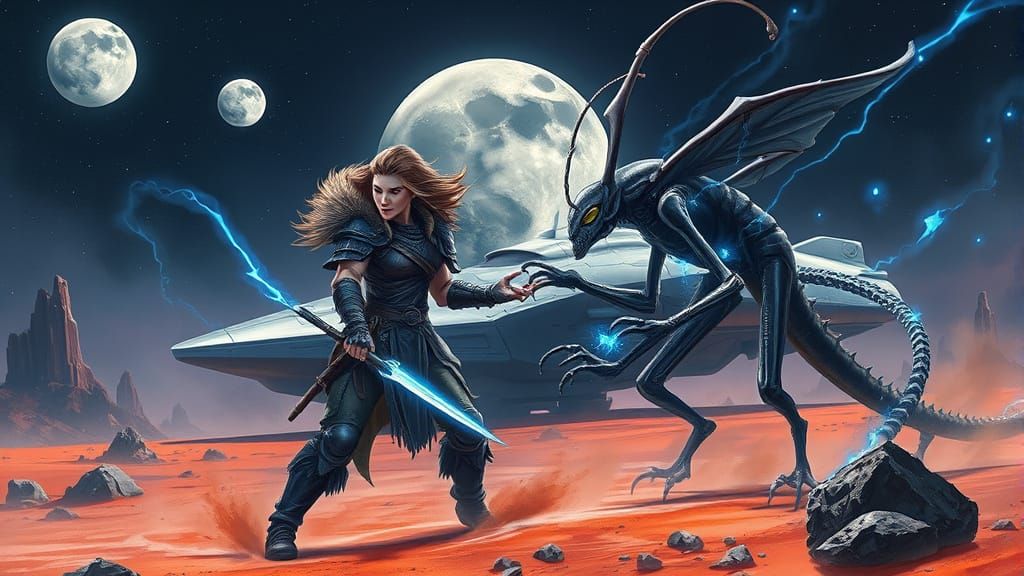 warrior confronting an alien near a sleek spaceship