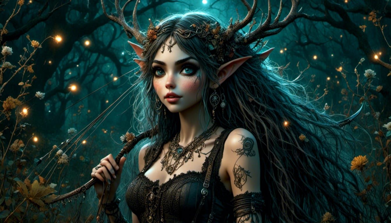 Elven Huntress Stargazing in Moonlit Meadow