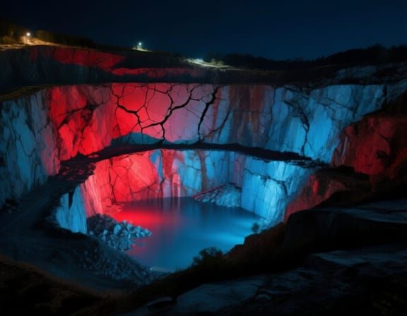 Wide shot editorial photograph of a colossal stone quarry at night. The stone has cracks and fissures in it, which have a range of vibrant r...