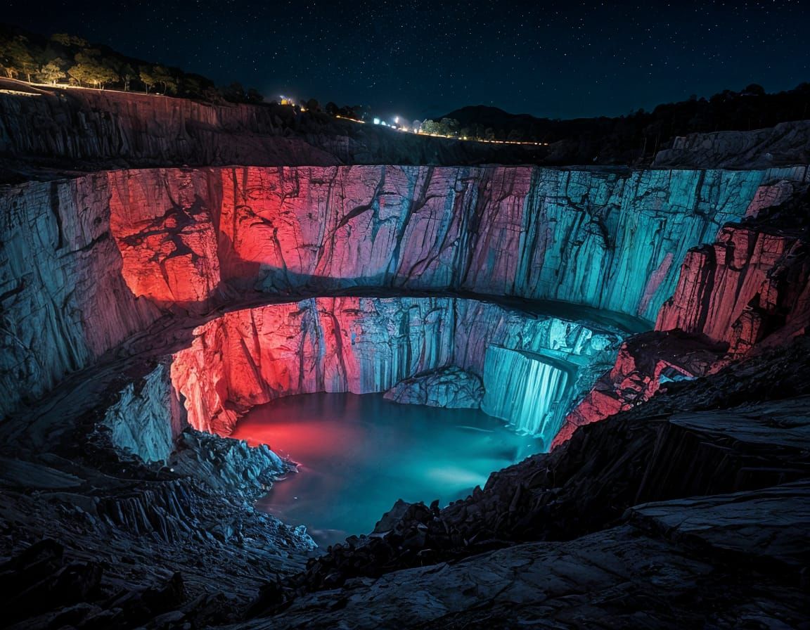 Wide shot editorial photograph of a colossal stone quarry at night. The stone has cracks and fissures ...  by @hip hop