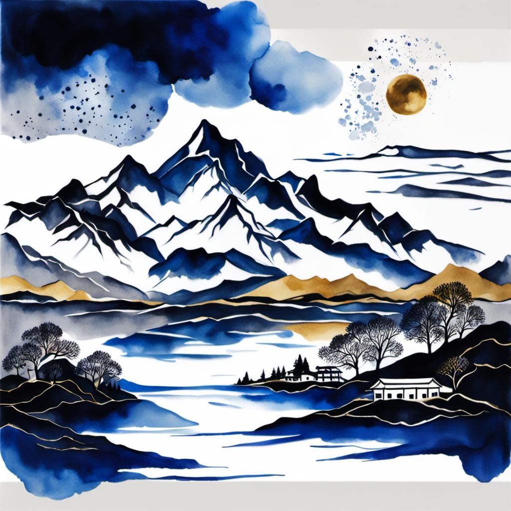 Landscape half Seaside half alps. modern European ink painti...