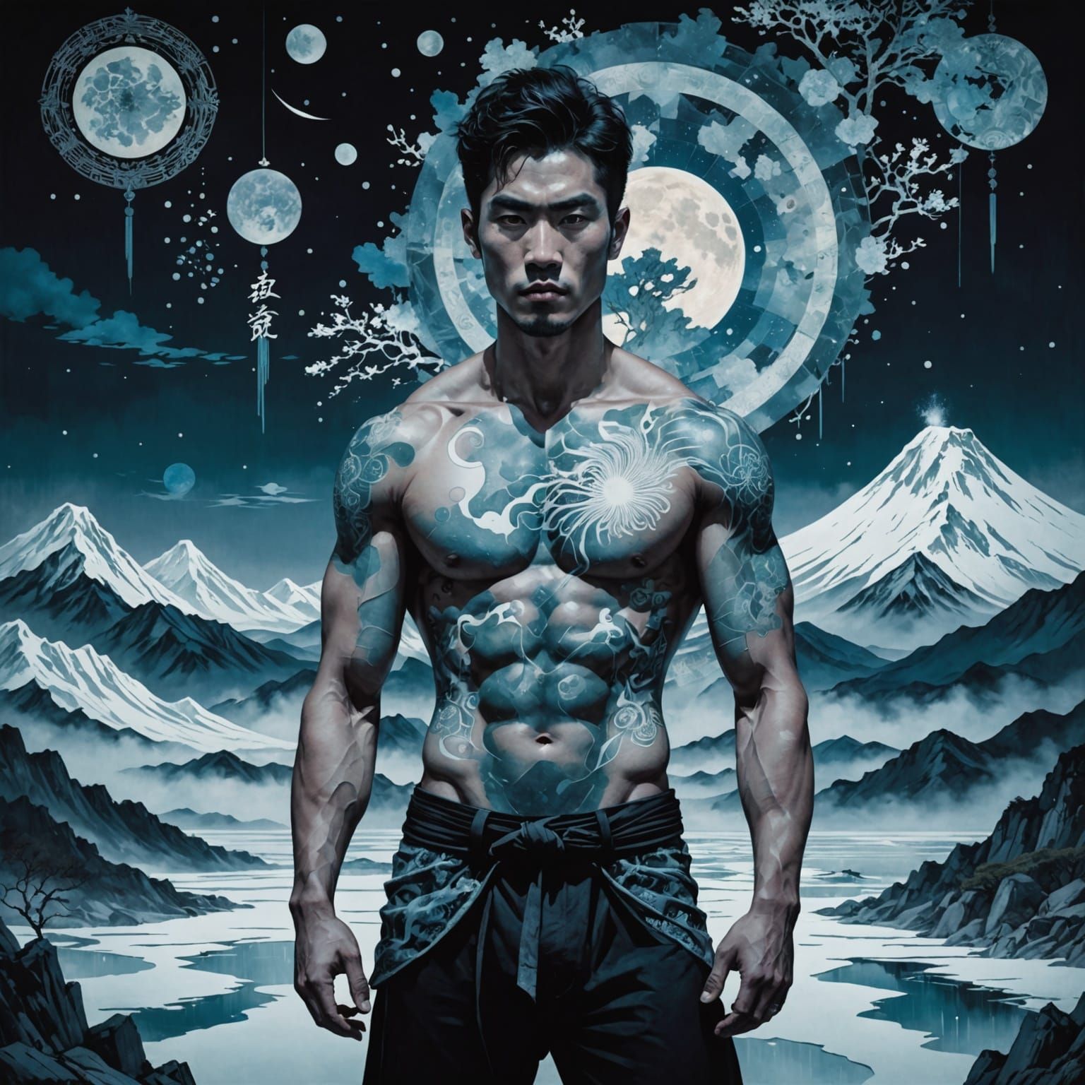 Powerful Male Figure in Celestial Landscape with Frost and C...