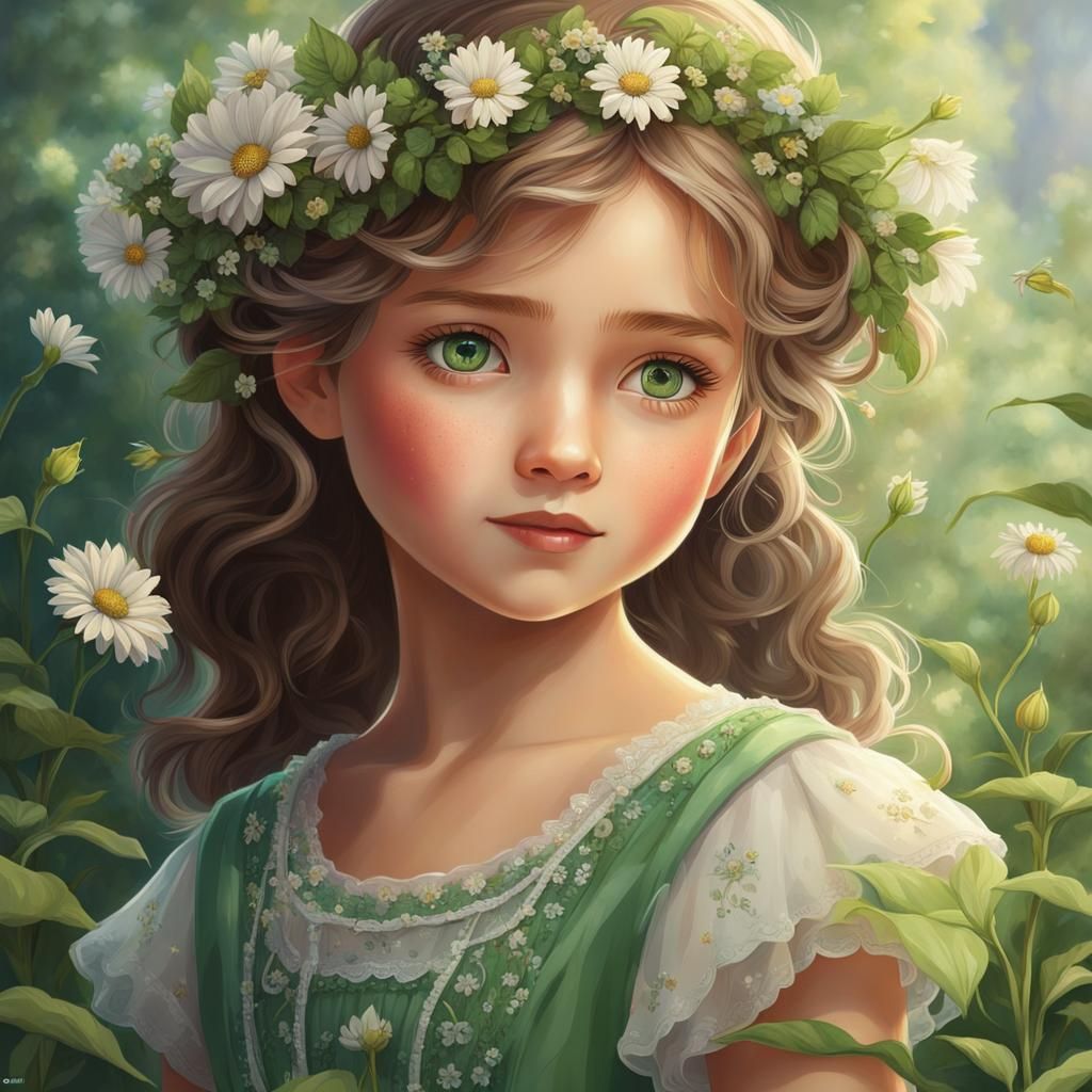 illustration of a young girl with green eyes and dresses, sh...