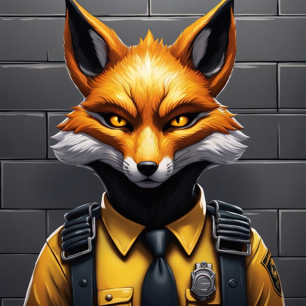 Anthropomorphic Black Fire Fox
in a Harsh police station Det...